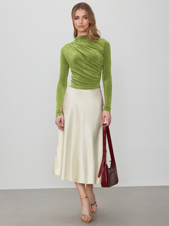 グリーン レディース ベーシック T シャツ 長袖 プリーツ ハーフタートルネック スリムフィット 春トップス 2025