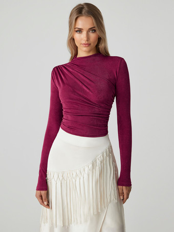 ローズレッドレディース ベーシック T シャツ 長袖 プリーツ ハーフタートルネック スリムフィット 春トップス 2025