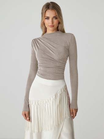 グレイレディース ベーシック T シャツ 長袖 プリーツ ハーフタートルネック スリムフィット 春トップス 2025