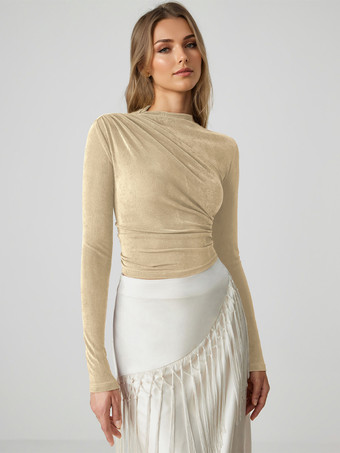 アプリコットレディース ベーシック T シャツ 長袖 プリーツ ハーフタートルネック スリムフィット 春トップス 2025