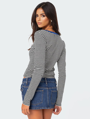 ストライププリントTシャツ 長袖 デザインネックライン 春 ベーシックトップス レディース 2025