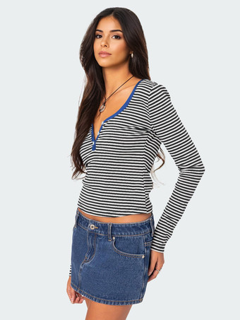 ストライププリントTシャツ 長袖 デザインネックライン 春 ベーシックトップス レディース 2025