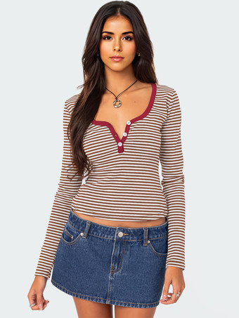 ワインレッド ストライププリントTシャツ 長袖 デザインネックライン 春 ベーシックトップス レディース 2025