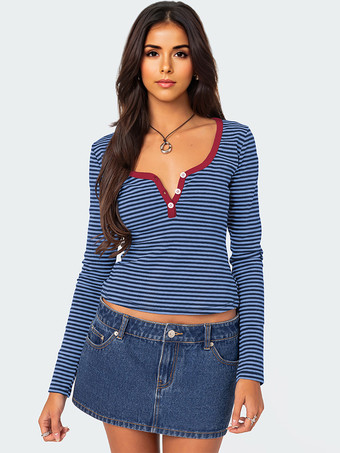 ブルー ストライププリントTシャツ 長袖 デザインネックライン 春 ベーシックトップス レディース 2025