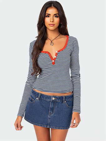 ホワイト ストライププリントTシャツ 長袖 デザインネックライン 春 ベーシックトップス レディース 2025