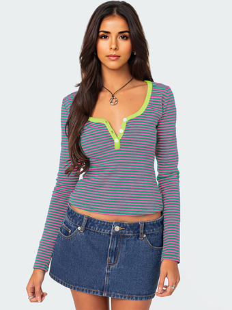 ローズレッドストライププリントTシャツ 長袖 デザインネックライン 春 ベーシックトップス レディース 2025