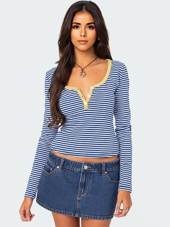 ライトスカイブルーストライププリントTシャツ 長袖 デザインネックライン 春 ベーシックトップス レディース 2025