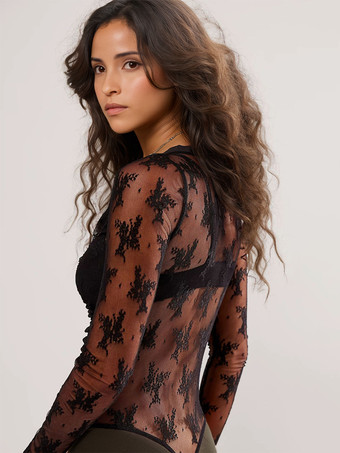 メッシュ レース ボディスーツ 長袖 ディープ V ネック シアー セクシー トップス レディース 2026