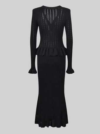 レディース向けニット2ピースコーデセット Vネックベルスリーブトップスとマーメイドスカート 春コーデ 2025