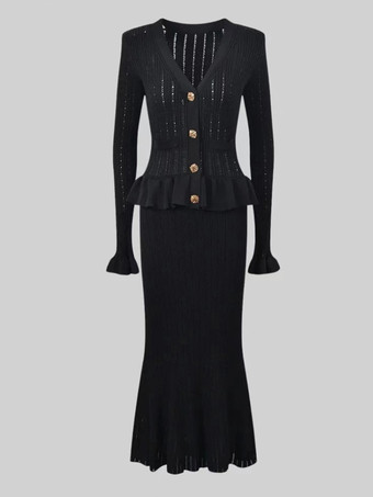 レディース向けニット2ピースコーデセット Vネックベルスリーブトップスとマーメイドスカート 春コーデ 2025