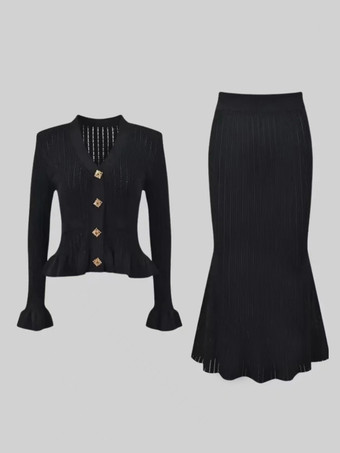 ブラック レディース向けニット2ピースコーデセット Vネックベルスリーブトップスとマーメイドスカート 春コーデ 2025