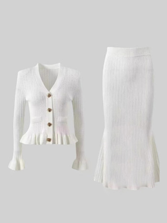 レディース向けニット2ピースコーデセット Vネックベルスリーブトップスとマーメイドスカート 春コーデ 2025