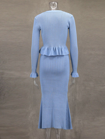 レディース向けニット2ピースコーデセット Vネックベルスリーブトップスとマーメイドスカート 春コーデ 2025