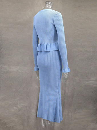 レディース向けニット2ピースコーデセット Vネックベルスリーブトップスとマーメイドスカート 春コーデ 2025