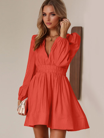 ブリックレッドスケータードレス ディープVネック ランタン ロングスリーブ プリーツウエスト フレアミニドレス レディース 2025