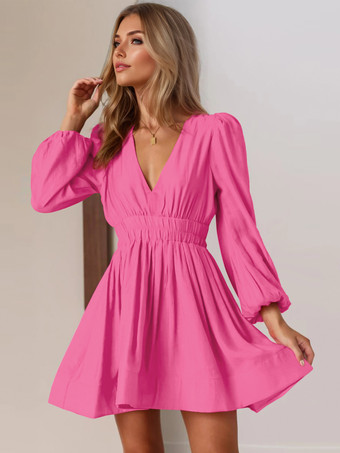 ローズレッドスケータードレス ディープVネック ランタン ロングスリーブ プリーツウエスト フレアミニドレス レディース 2025