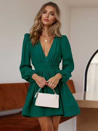 ダークグリーンスケータードレス ディープVネック ランタン ロングスリーブ プリーツウエスト フレアミニドレス レディース 2025