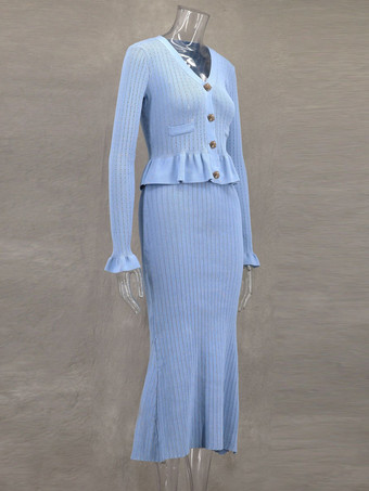 レディース向けニット2ピースコーデセット Vネックベルスリーブトップスとマーメイドスカート 春コーデ 2025