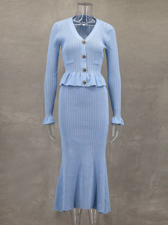 レディース向けニット2ピースコーデセット Vネックベルスリーブトップスとマーメイドスカート 春コーデ 2025