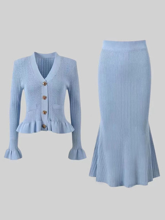 ライトスカイブルーレディース向けニット2ピースコーデセット Vネックベルスリーブトップスとマーメイドスカート 春コーデ 2025