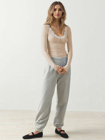 Apricot Long Sleeves T-shirt For Women Lace Embellished Collar Solid Color Spring Basic Tops 2025