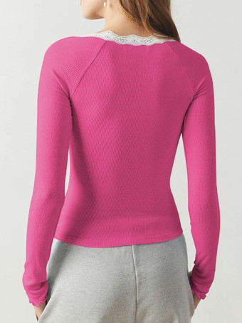 Long Sleeves T-shirt For Women Lace Embellished Collar Solid Color Spring Basic Tops 2025
