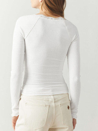 Long Sleeves T-shirt For Women Lace Embellished Collar Solid Color Spring Basic Tops 2025