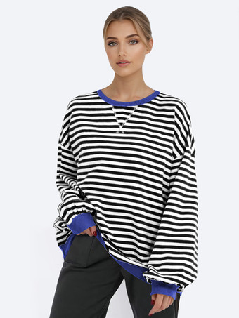 ホワイト ストライププリントスウェットシャツ ドロップショルダー 長袖 オーバーサイズ 春 トップス レディース 2025