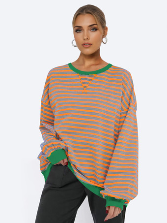 ライトグレー ストライププリントスウェットシャツ ドロップショルダー 長袖 オーバーサイズ 春 トップス レディース 2025