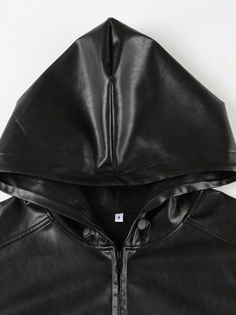 フード付きフェイクレザージャケット ドローストリング ハイウエスト 春 カジュアル PU アウターウェア レディース 2026