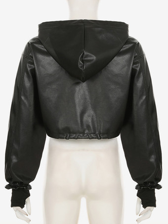 フード付きフェイクレザージャケット ドローストリング ハイウエスト 春 カジュアル PU アウターウェア レディース 2026