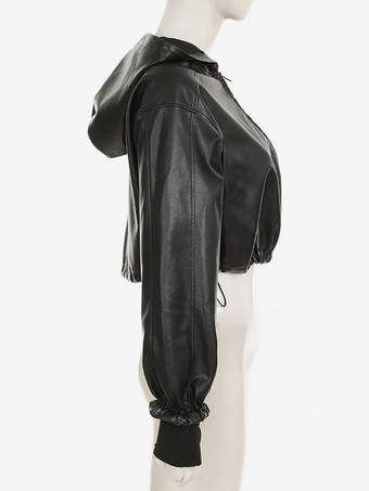 フード付きフェイクレザージャケット ドローストリング ハイウエスト 春 カジュアル PU アウターウェア レディース 2026