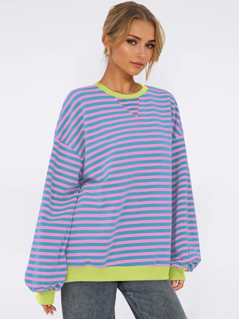 ライトスカイブルーストライププリントスウェットシャツ ドロップショルダー 長袖 オーバーサイズ 春 トップス レディース 2025