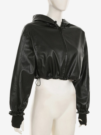 フード付きフェイクレザージャケット ドローストリング ハイウエスト 春 カジュアル PU アウターウェア レディース 2026