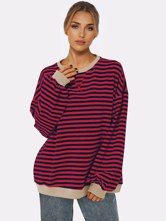 ブラック ストライププリントスウェットシャツ ドロップショルダー 長袖 オーバーサイズ 春 トップス レディース 2025