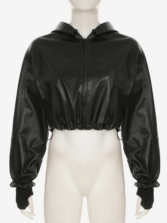 フード付きフェイクレザージャケット ドローストリング ハイウエスト 春 カジュアル PU アウターウェア レディース 2026