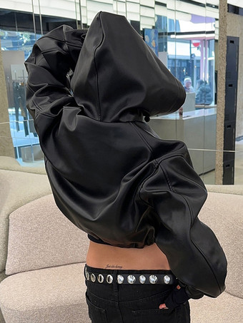 フード付きフェイクレザージャケット ドローストリング ハイウエスト 春 カジュアル PU アウターウェア レディース 2026