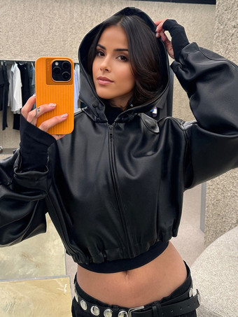 フード付きフェイクレザージャケット ドローストリング ハイウエスト 春 カジュアル PU アウターウェア レディース 2026