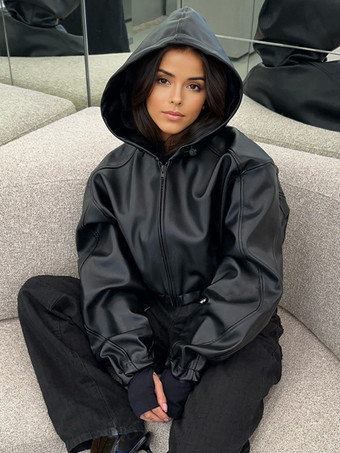 フード付きフェイクレザージャケット ドローストリング ハイウエスト 春 カジュアル PU アウターウェア レディース 2026