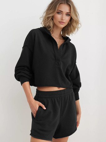 ブラック レディースカジュアルパーカー Vネック ドロップショルダー 春クロップトップス 2025