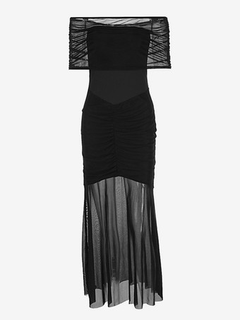 プリーツマキシドレス オフショルダー シアー セミフォーマル パーティー ロングドレス レディース 2025