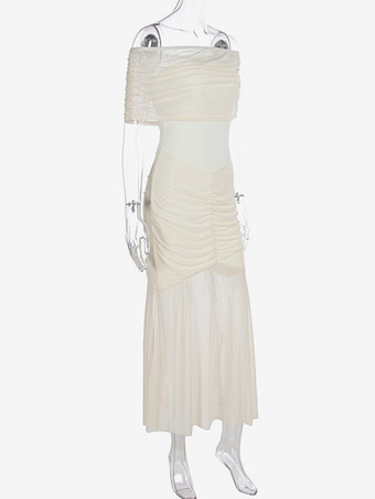 プリーツマキシドレス オフショルダー シアー セミフォーマル パーティー ロングドレス レディース 2025