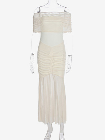 プリーツマキシドレス オフショルダー シアー セミフォーマル パーティー ロングドレス レディース 2025