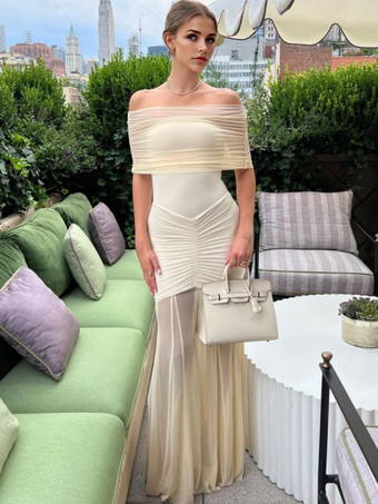 アプリコットプリーツマキシドレス オフショルダー シアー セミフォーマル パーティー ロングドレス レディース 2025