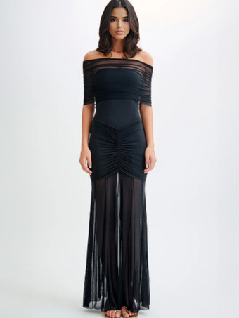ブラック プリーツマキシドレス オフショルダー シアー セミフォーマル パーティー ロングドレス レディース 2025