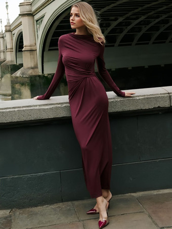 ワインレッド プリーツボディコンドレス 長袖 エレガントな春ロングドレス レディース 2025