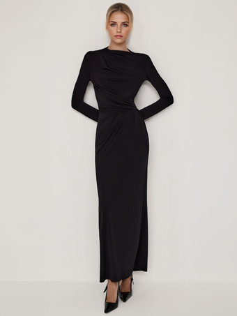 ブラック プリーツボディコンドレス 長袖 エレガントな春ロングドレス レディース 2025