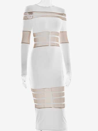 ボディコンドレス カラーブロック 長袖 エレガントな誕生日パーティー シアーロングドレス レディース 2025