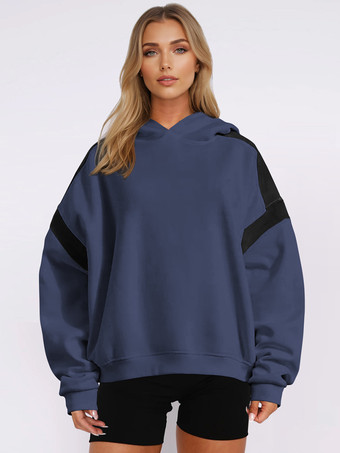 ダークネイビーレディースオーバーサイズパーカー ツートンドロップショルダー 春カジュアルトップス 2025