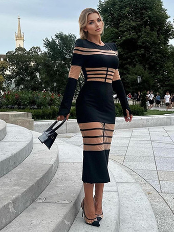 ボディコンドレス カラーブロック 長袖 エレガントな誕生日パーティー シアーロングドレス レディース 2025